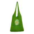 Grüne gestrickte Netz-Umhängetasche mit süßem weißem Gänseblümchen-Muster, Retro-Tasche. - Hellgrün