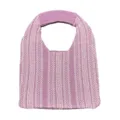 Pink knit underarm shoulder bag with geometric pattern, casual fashion woven tote handbag. - Violet