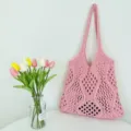 Rosa gestrickte ausgehöhlte Tote Bag lässige gewebte Umhängetasche einfarbige Strandtasche - Rosa