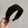 Black polka dot wide headband for women, stylish fabric hair hoop for daily wear and fashion. - Black Satin Pleated Polka Dot Style