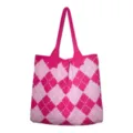 Pink argyle knit tote bag for women, retro knitted shoulder bag with large capacity stylish daily use. - Bright Pink