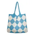 Blue and white argyle knit tote bag, vintage casual shoulder bag with large capacity. - Sky Blue