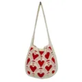 Knitted shoulder tote bag with red heart argyle pattern casual knit handbag for women - Apricot & Red