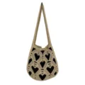 Knitted Tote Bag Casual Knit Shoulder Bag Aesthetic Heart Pattern Women Daily Handbag - Khaki