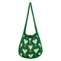 Green knitted shoulder bag with cute white heart pattern, casual aesthetic tote bag for daily wear. - Dark Green