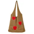 Gestrickte Tragetasche mit roten Herzen, hohles Mesh-Design, stilvolle khaki Umhängetasche. - Braun