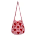 Bolso tote de punto rosa con motivo de corazón bolso de hombro informal para mujer - Patchwork Rosa y Rojo