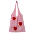 Rosa Strick-Shopper Tasche mit roten Herzen, modische lässige Häkel-Umhängetasche für Damen. - Rosa