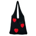Schwarze Strick Häkel Tasche mit rotem Herz Muster lässige Damen Umhängetasche Shopper - Schwarz