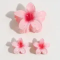 Pink frangipani flower hair claw clip set, jelly color cute floral hair accessories. - Three-Piece Set / Pink (Red Heart Pattern)