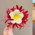 Exquisite floral hair claw clip featuring white plumeria and red petals for summer styling. - Plumeria Red Hair Clip
