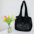 Damen Einfarbig Schwarz Strick Shopper Tasche Ausgehöhlt Freizeittasche Handtasche - Schwarz