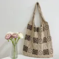 Knitted floral tote bag detail view, vintage aesthetic shoulder bag with large capacity for daily use. - Khaki & Coffee