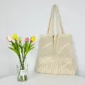Beige knit hollow out tote bag, large capacity casual shoulder bag for daily use. - Apricot