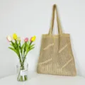 Beige knitted hollow out tote bag, large capacity shoulder bag for casual daily use. - Khaki