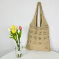 Beige Häkel Strick Shopper Tasche Detail, lässige ausgehöhlte Umhängetasche Ansicht. - Khaki