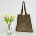 Brown knitted hollow out shoulder tote bag, casual beach bag, daily fashion accessory. - Coffee