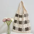 Knit tote bag for women, large capacity shoulder bag with cute brown flower pattern design. - Beige And Brown