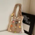 Böhmische Strick-Tasche mit bunten Blumen, große hohle Strandtasche und Shopper. - Stereo-Blumenstil / Aprikose Und Khaki Mit Blumen