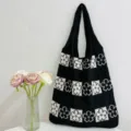 Black and white knitted floral tote bag, large capacity woven shoulder bag for women. - Apricot & Black