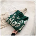 Grüne Strick-Tasche mit Buchstaben, lässige Schultertasche mit Lochmuster, große Kapazität. - Grün/Weiß