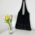Schwarze Strick Damentasche Vintage Lochmuster Schultertasche Große Kapazität Strandtasche - Schwarz