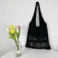 Schwarze Häkel-Tasche Damen Vintage Strick Umhängetasche große Kapazität Strandtasche Stil - Schwarz