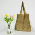 Khaki knitted hollow-out shoulder tote bag, casual large capacity beach bag variant. - Brown