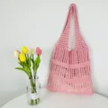 Rosa Strick Häkeln Shopper Tasche, retro hohle Umhängetasche, große Kapazität Strandtasche. - Rosa
