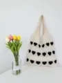 Strick Shopper Tasche mit schwarzem Herz Muster lässige grosse Schultertasche beige - Aprikose und Schwarz