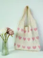 Beige Strick Tote Tasche mit rosa Herzen Muster, lässige große gewebte Schultertasche. - Aprikose und Rosa