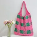 Pink knitted tote bag with green floral pattern, casual large capacity shoulder bag for women. - Pink and Green