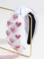 White knotted headband featuring pink rhinestone hearts and faux pearls for women fashion. - Pearl Full Heart White