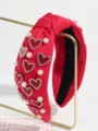Red knotted headband with rhinestone hearts and pearls, sweet fashion hair accessory detail - Pearl Full Heart Red