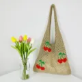 Borsa Tote a Rete Lavorata A Maglia Ricamo Ciliegia Borsa a Tracolla Estetica per Donna - Cachi