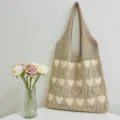Gestreickter Shopper mit süßem Herzmuster lässige Damen Schultertasche für den Alltag - Khaki und Aprikose