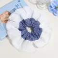 Large blue plaid and white lace ruffle scrunchie sweet hair accessory for daily styling - Blue Plaid