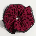 Wine red leopard print hair scrunchie with black lace trim detail close-up view. - Red Leopard Single Layer