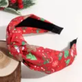 Christmas fabric knotted headband detail view, red festive print hair hoop accessory. - Reindeer Print / Red