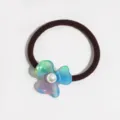 Iridescent acetate four leaf clover hair tie with faux pearl center, cute ponytail holder. - Blue Green Purple