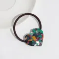Colorful acetate resin heart hair tie with bright rhinestones, elegant elastic ponytail band. - Orange Green Heart