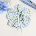 Blue yellow plaid hair scrunchie with cute white lace trim and bow ribbon detail for women. - Blue Yellow Plaid