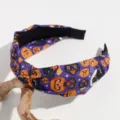 Halloween purple headband detail shot, featuring cute cat and pumpkin print fabric. - Purple