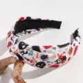 Halloween knotted fabric headband with skull and pumpkin print for women holiday party headwear - White