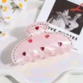 Pinza de pelo de estrás rosa con corazones rojos, accesorio de cabello elegante para mujeres. - Rosa Corazón Diamantes
