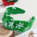Diadema navideña verde de terciopelo con copos de nieve de lentejuelas para fiestas. - Estilo Ancho Anudado / Copo de Nieve Lentejuelas Verde