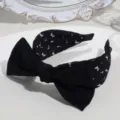 Black wide headband with large bow and cute white butterfly print detail for women hair styling. - Bow Tie Polka Dot / Black