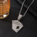 Hip hop rhinestone poker card pendant necklace, luxury alloy chain for men fashion jewelry. - Pendant + Twist Chain / Silver