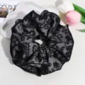 Grey floral lace hair scrunchie detailed view showing exquisite fabric texture and design. - Grey Black Paisley