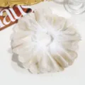Large white mesh hair scrunchie with subtle golden shimmer, perfect for elegant daily hairstyles. - Beige Embroidered Scrunchie